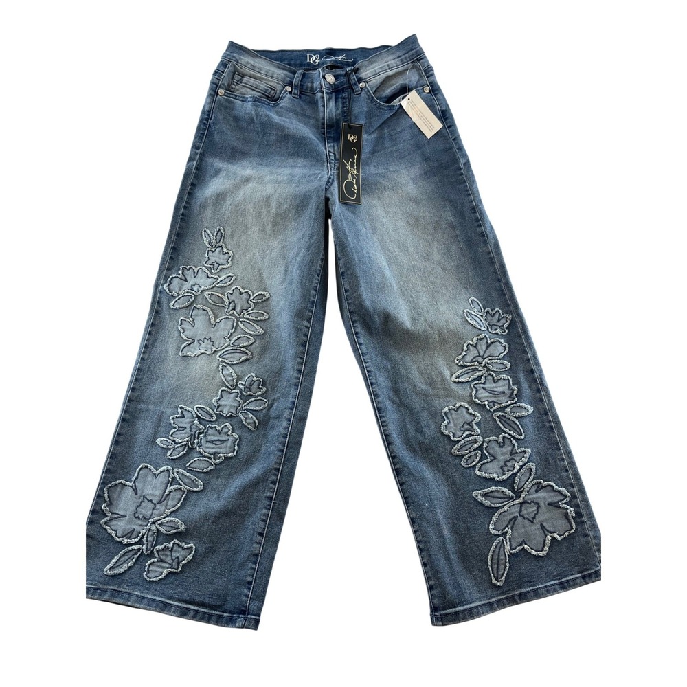 DG2 Diane Gilman Floral Applique Wide Leg Crop Jeans Blue Denim Size 6 NEW